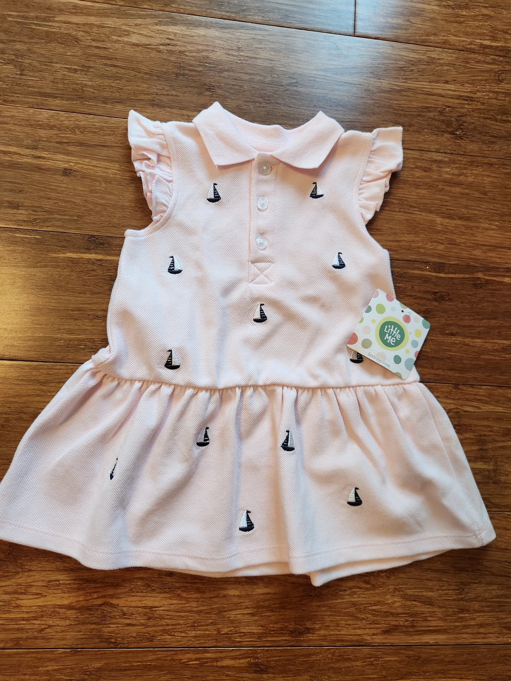 NWT Little Me Baby Girls Collared Embroidered Sailboat Dress Pink 12 Months